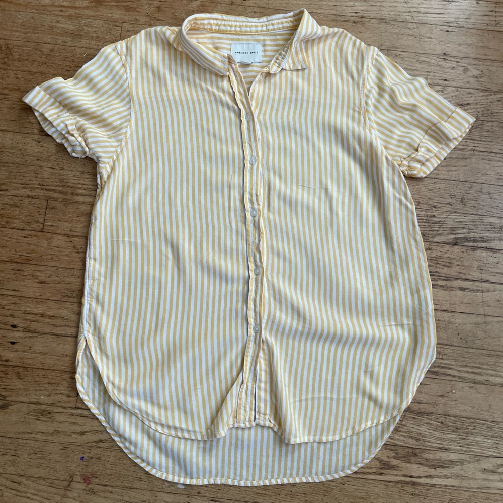American Eagle butter Yellow Striped Button-Up Shirt